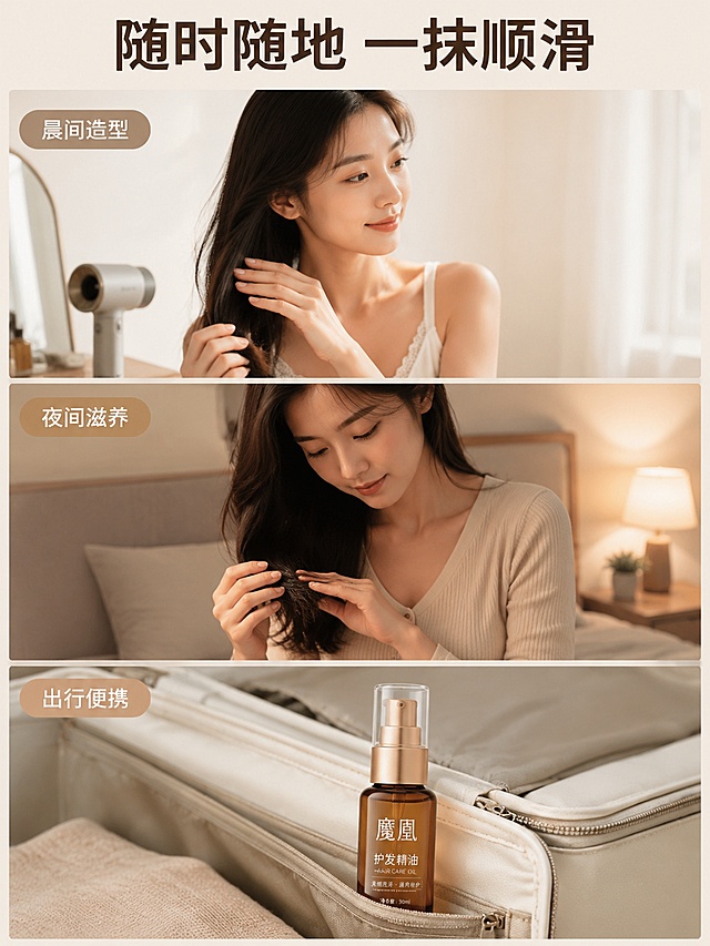 [第7屏] 多场景种草-魔凰护发精油日常使用场景。本屏使用【图1】作为产品主体。
[氛围/风格] 生活氛围感，自然真实风格，拼接商业摄影质感。
[元素布局] 三格拼图布局，从上到下展示三个常见使用场景：1. 晨间吹发后：精油涂抹发梢打理造型；2. 睡前护理：干枯发梢睡前涂抹滋养；3. 出差便携：小瓶装放在随身行李箱侧袋。每格场景自然真实，最后一格放置魔凰护发精油产品展示，保持外观颜色与原图一致。背景浅米色统一，分割线条浅细不突兀。
[光影质感] 每个场景光影自然统一，符合日常环境光，产品在场景中光影立体。
[配色色系] 全局底色 #f5f0eb；主色浅米棕，每个场景自然色调统一和谐。
[视角构图] 三格垂直拼接布局，每个场景占比均匀，从上到下阅读动线自然。
[文字版式] 顶部主标题「随时随地 一抹顺滑」，深棕色粗体居中；每个场景左上角小字标注场景名称：晨间造型 / 夜间滋养 / 出行便携，浅棕色半透明底白字，不遮挡场景内容。文字清晰不突兀，手机端可读。
[比例分辨率] 3:4竖版比例，2K分辨率，文字清晰可辨，高清画质。
[负向提示词] 产品变形，文字错乱，场景拼接混乱，颜色偏差，水印，背景杂乱