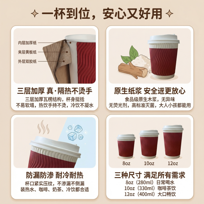 一杯到位 安心又好用 三层加厚瓦楞纸杯卖点展示，1:1比例
[氛围风格] 温馨治愈米色调，干净清晰
[画面元素] 商业摄影质感，光线柔和通透，保持原有四宫格布局，将所有插画杯子替换为用户上传的真实红色预览效果