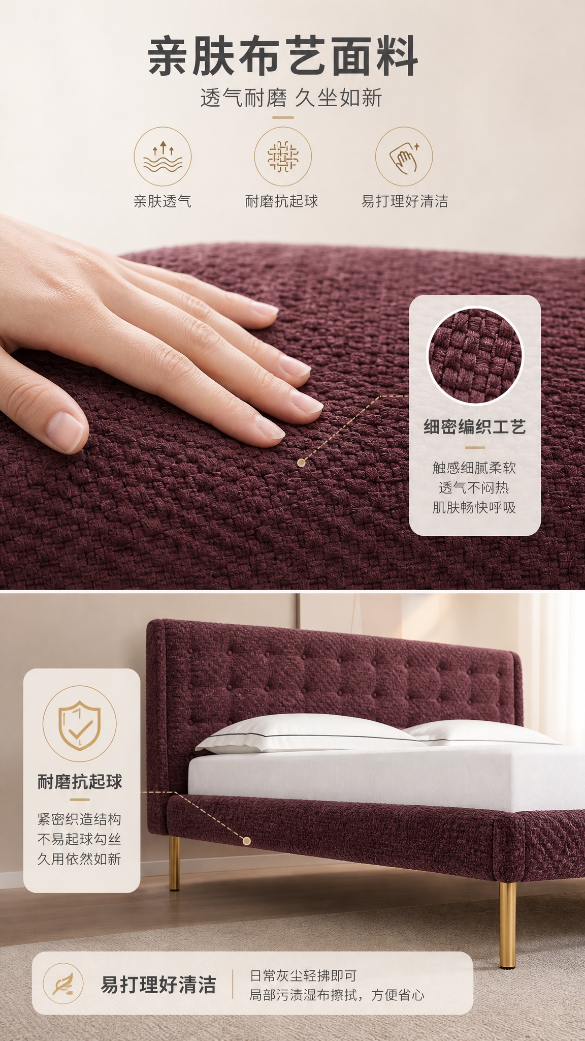 [商品] 使用【图1】酒红色布艺软包床；商品处理：保留拉点靠背… - 图片创意预览
