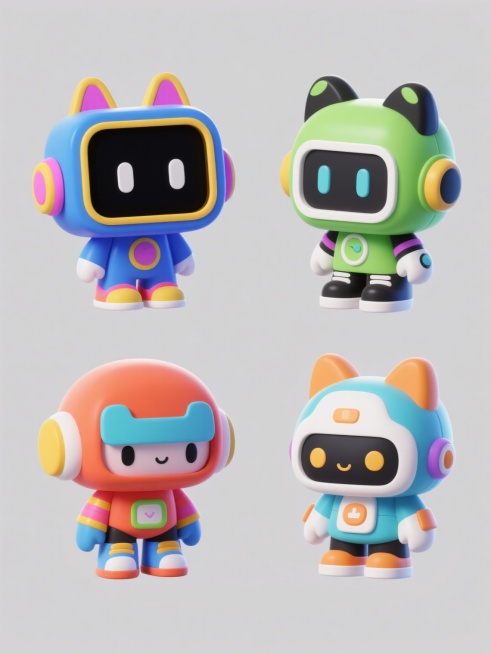 一组4个不同配色、不同样式、不同材质的潮玩元素，采用干净风格的矢量插画设计，每个元素都有鲜明的轮廓线条和大胆的色彩对比，符合现实逻辑的立体造型，适用于素材使用，整体呈现出活泼有趣的视觉效果，具有现代感和时尚感，每个潮玩元素都有独特的细节设计，材质表现清晰可辨，色彩搭配协调且富有变化，适合作为设计素材进行二次创作。预览效果