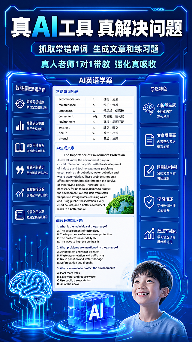 全新设计9:16竖版科技感教育海报，无任何logo水印，包含：顶部页眉主标题"真AI工具 真解决问题"，副标题"抓取常错单词 生成文章和练习题"，然后是"真人老师1对1带教 强化真吸收"，中间展示AI英语学案内容：左侧智能抓取常错单词功能列表，中间包含单词列表、AI生成文章和阅读理解练习题，页脚放置脑力图标、AI立方体和孩子笑脸科技感图例，整体科技感十足，蓝色渐变背景，发光科技边框，版式精美，文字清晰，画面干净无logo无水印，4K超高清，专业教育科技风格