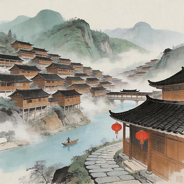 一幅国风山水画，描绘“西江千户苗寨”，全景构图，层次丰富。画面主体是无数棕褐色的吊脚楼，黑瓦屋顶，依陡峭山势而建，密集而错落有致，形成恢宏的立体村落。建筑之间与山谷中缭绕着薄纱般的乳白色云雾。一条清澈的河流蜿蜒穿过寨子，河上有小舟与廊桥。背景是葱郁的青山和若隐若现的山崖。近处有挂着红灯笼的屋檐与石板路。整体色调淡雅和谐，以青灰、墨绿、赭石、淡蓝为主，点缀少量朱红。氛围宁静、古朴、祥和，如世外桃源。画质精细，水墨渲染风格。