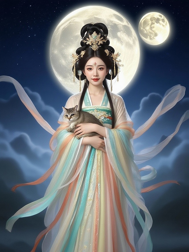 嫦娥抱着参考图上的ta。嫦娥看着镜头（嫦娥面容精致，身上飘带飞舞环绕，衣服仙气飘飘）。场景是夜晚的天上，背后一轮巨大的月亮散发柔和的光芒，温暖的光晕。写真摄影风格，质感光照，自然光线，动物摄影
