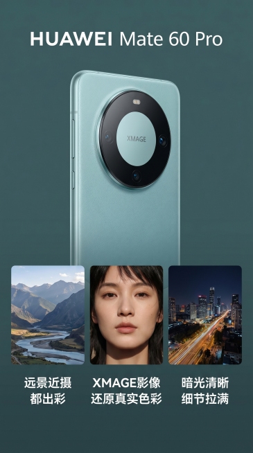 [第6屏] 影像能力展示，华为Mate 60 Pro影像卖点页。本屏使用【图2】作为手机侧视图展示，保证外观一致。采用上下构图，上半部分放手机侧图，下半部分三格拼图展示不同场景拍摄效果，分别为远景风光预览效果
