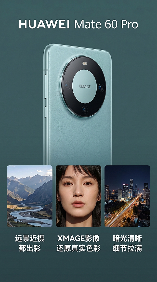 [第6屏] 影像能力展示，华为Mate 60 Pro影像卖点页。本屏使用【图2】作为手机侧视图展示，保证外观一致。采用上下构图，上半部分放手机侧图，下半部分三格拼图展示不同场景拍摄效果，分别为远景风光、人像特写、夜景拍摄，配文字「XMAGE影像 还原真实色彩」「暗光清晰 细节拉满」「远景近摄 都出彩」。风格统一，9:16竖版，4K，文字清晰。负向提示词：手机变形，结构错误，文字错乱。