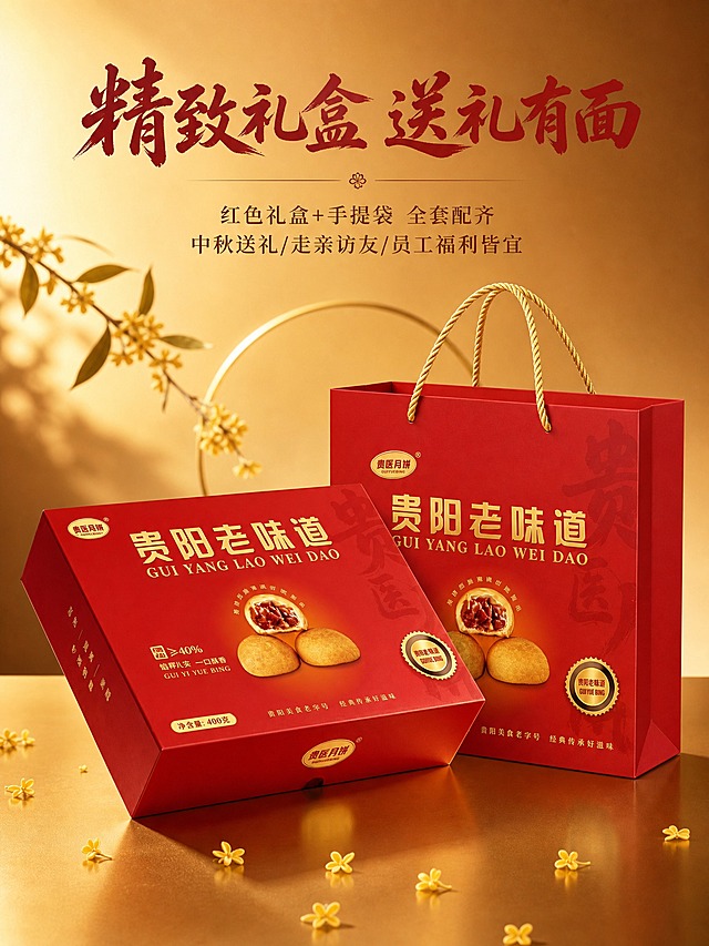 [主图-2] 礼盒外观展示 红色礼盒+手提袋全套包装展示，突出精致送礼感。
[统一基调] 高端送礼红金风格，背景暖金色渐变+桂花枝叶点缀，主标题用烫金粗书法字深红色，辅助文案用宋体金色，整体精致大气有中秋送礼仪式感。
[画面] 画面中央展示红色月饼礼盒45度角立体摆放，旁边立着同款红色手提袋，金色绳带清晰可见。礼盒和手提袋上"贵阳老味道""贵医月饼"字样完整呈现。下方金色台面上有桂花花瓣散落装饰。主体占比约65%。
[光影质感] 影棚级柔光，礼盒表面红色哑光质感+烫金文字光泽，手提袋绳带纹理清晰，底部有柔和倒影，整体高端礼盒摄影效果。
[配色] 主背景暖金浅渐变 礼盒手提袋正红色 文字烫金色 台面金色反光。
[文字版式] 顶部主标题"精致礼盒 送礼有面"，下方小字"红色礼盒+手提袋 全套配齐 中秋送礼/走亲访友/员工福利皆宜"。文字在上下负空间。
[输出要求] 3:4竖版比例 文字清晰可读 礼盒手提袋与输入图一致 禁止变形错字模糊杂乱水印 禁止出现平台Logo