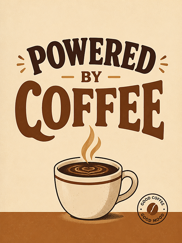 Trendy coffee-themed bathroom art, bold typography "POWERED BY COFFEE", minimalist steaming coffee cup illustration, retro café aesthetic, warm mocha and cream color palette, subtle grain texture, modern boho apartment decor, playful typography layout, clean composition with large negative space, premium Amazon bestseller style, 3:4 vertical poster