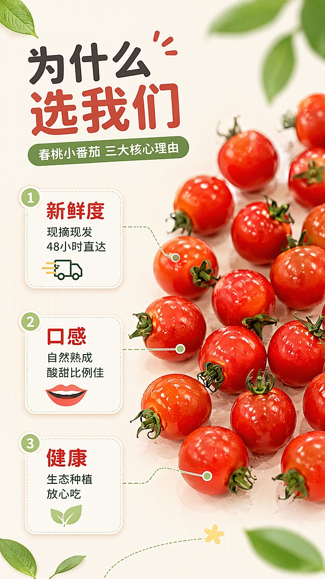 [第4张] 核心卖点拆解-春桃小番茄三大核心理由。本张使用【图3】作为产品展示。
[氛围/风格] 清新信息图风，干净明亮，小红书种草信息卡质感。
[元素布局] 画面中央偏右为一堆新鲜红润小番茄平铺展示，带绿色果蒂，占比约40%；左侧和上下分布三个卖点引线框，从果实引出；背景为浅米色渐变，点缀几片绿叶装饰；番茄形态颜色与输入图一致。
[光影质感] 均匀柔光，果实表面有自然高光，整体明亮干净。
[配色色系] 全局底色 #FAF7F0 米白；主色番茄红 #E63946；辅助色薄荷绿 #A8DADC、暖黄。
[视角构图] 俯视平铺，产品在右，文字在左，阅读动线从左上标题 → 左中三个卖点 → 右侧产品。
[文字版式] 版式为左上大标题 + 左中三栏引线卖点 + 右侧产品。主标题「为什么选我们」，圆润黑体；三个引线卖点分别为：①「新鲜度」现摘现发 48小时直达，配小卡车图标；②「口感」自然熟成 酸甜比例佳，配嘴巴图标；③「健康」生态种植 放心吃，配叶子图标；卖点框为圆角白底轻阴影；字色番茄红和深灰绿。
[比例分辨率] 9:16 竖版比例，4K 分辨率，文字清晰可辨，高清画质。
[负向提示词] 果实变形，颜色偏差，水印，文字错乱，引线不清，背景杂乱。