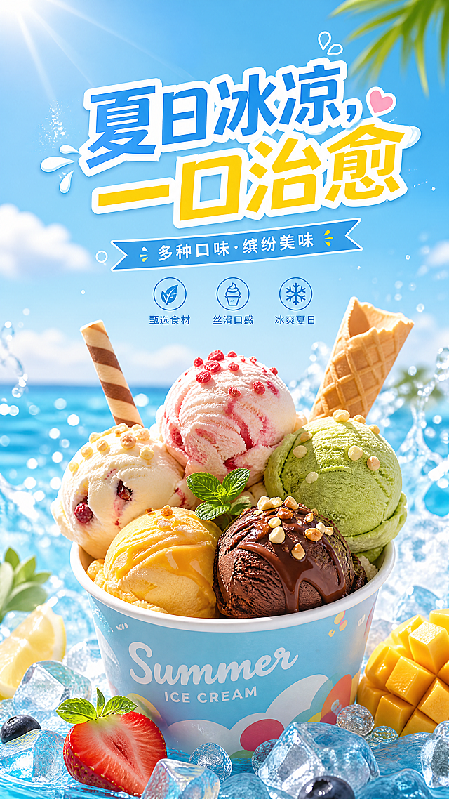夏日冰淇淋创意广告海报，展示多口味缤纷冰淇淋，色彩鲜艳清爽，干净简约风格，画面中心突出冰淇淋产品，添加醒目广告语"夏日冰凉，一口治愈"，整体风格清新吸引食欲，高分辨率