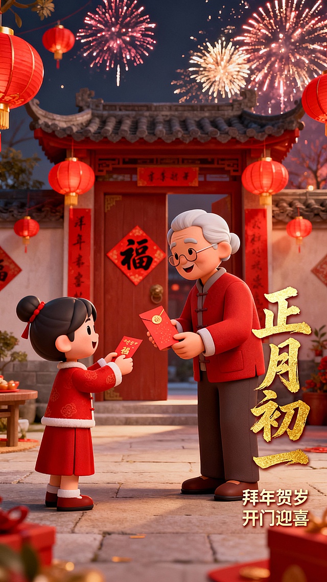 参考这两张图片的风格样式及布局，按照中国传统民俗，制作除夕到初七的新春民俗套图，共八张