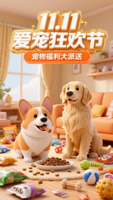 3D卡通风格。顶部（立体鎏金边的白色字标题“11.11爱宠狂欢节”，标题下面的橙色副标题框内写着“宠物福利大派送”）。主体是一只在吃狗粮的柯基和一只端坐着的金毛。背景是暖色调的客厅，客厅地上有杂乱放置预览效果