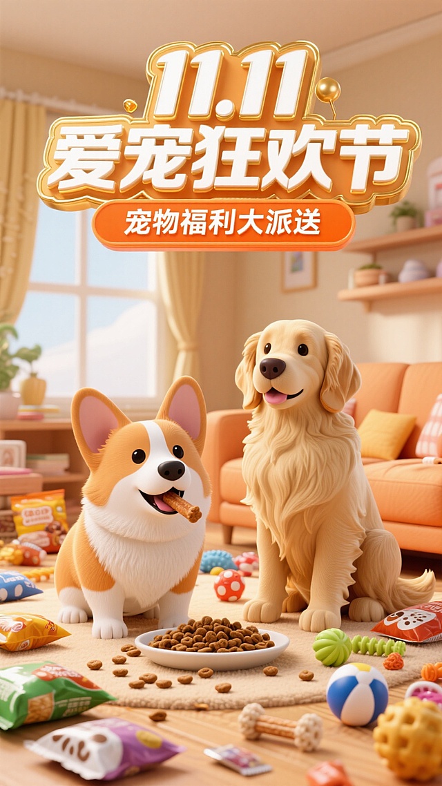 软3D风格萌宠狂欢，毛发生长质感细腻，温馨居家场景搭配趣味宠物玩具，重拟物风包装与塑料感零食营造可爱促销氛围，传递双十一爱宠节温暖福利。