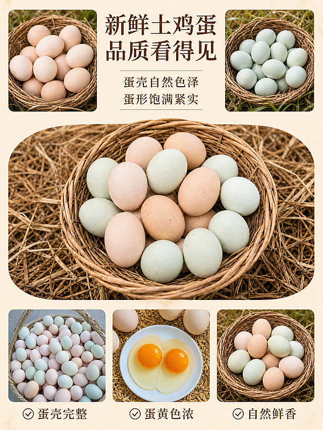 优化这张土鸡蛋海报，以图1为基础版式。核心修改：1. 将下排第一张图（蛋壳完整对应的图）替换为图3的竹篮装满粉绿壳土鸡蛋的实拍照片，保持真实实拍质感；2. 将下排第二张图（蛋黄色浓对应的图）替换为图2的打开的双蛋黄鸡蛋实拍照片，展示金黄饱满的蛋黄，突出蛋黄色浓的卖点；3. 下排第三张图保持不变；4. 顶部两张小图、中间大图以及所有文字内容、排版布局、米黄色暖调背景风格全部保持不变；5. 替换后的图片要与整体版式风格协调，圆角边框样式与原图一致，光影色调自然统一；6. 文字清晰工整，主标题"新鲜土鸡蛋 品质看得见"、副标题"蛋壳自然色泽 蛋形饱满紧实"、底部三个卖点"蛋壳完整""蛋黄色浓""自然鲜香"全部保留不变。