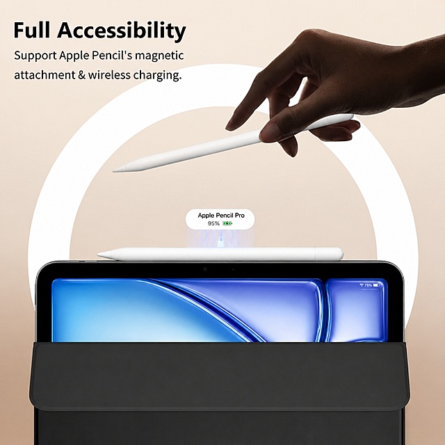 卖点图，展示精确开孔支持Apple Pencil充电，文字标题 "Full Accessibility"，副标题 "Support Apple Pencil's magnetic attachment & wireless charging."，演示pencil磁吸充电的场景，保持参考图排版风格