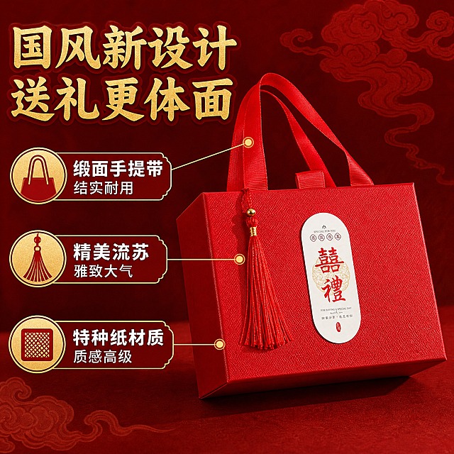 [主图-2] 新中式结婚喜糖盒子 核心亮点 展示精致做工与国风设计。
[统一基调] 拼多多风格 大字直白 喜庆红金主色调 新中式国风 主标题粗黑体金色描边 辅助文案白色黑体 强调色中国红 整体热闹喜庆有性价比感。
[画面] 画面右侧展示喜糖礼盒正面特写 清晰展示囍礼贴纸细节和红色流苏质感 左侧用引线标注三个核心亮点 分别指向礼盒不同部位 1指向手提带 2指向流苏挂饰 3指向礼盒表面纹理 背景为深红色渐变加暗纹祥云 主体占画面约60% 礼盒外观与输入产品图完全一致。
[光影质感] 商业摄影质感 柔和侧光突出礼盒表面纹理和流苏细节 贴纸文字清晰 礼盒边角立体感强 阴影自然。
[配色] 背景深红色 主标题金色 说明文字白色 引线金色 整体红金配色协调。
[文字版式] 左侧上方大标题 国风新设计 送礼更体面 下方三个亮点条目 配小图标 1 缎面手提带 结实耐用 2 精美流苏 雅致大气 3 特种纸材质 质感高级 文字左对齐排列 不遮挡礼盒。
[输出要求] 比例1:1 文字清晰可读 产品清晰 引线指向准确 无变形 无错字 无水印 无平台Logo