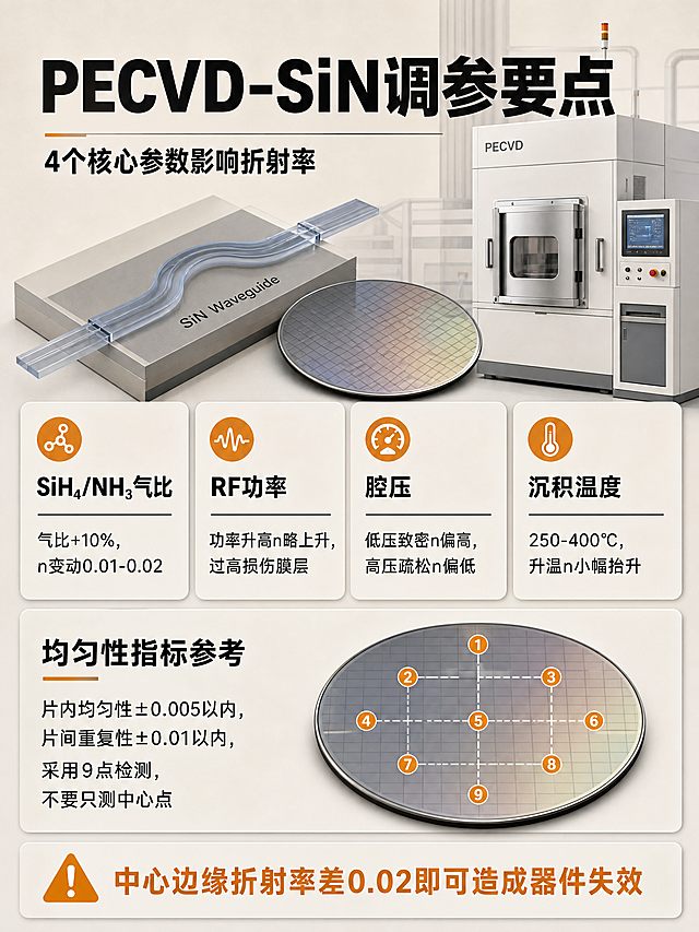 统一视觉系统的半导体小红书笔记设计稿，3:4竖版，浅米白与暖灰哑光底色，写实3D芯片波导与晶圆薄膜沉积元素，粗黑体中文标题，黑色主文字，橙色强调标签，信息卡片清晰分区，画面干净克制，无赛博霓虹，无炫光，无水印，文字直接生成在图中，不出现占位符，分辨率高，边缘清晰，科技报告感，工程师笔记风，平面设计稿。模块化参数卡四栏版式，PECVD设备简约背景装饰。顶部大标题文字"PECVD‑SiN调参要点"，副标题文字"4个核心参数影响折射率"。第一栏标题文字"SiH₄/NH₃气比"，内容文字"气比+10%，n变动0.01‑0.02"；第二栏标题文字"RF功率"，内容文字"功率升高n略上升，过高损伤膜层"；第三栏标题文字"腔压"，内容文字"低压致密n偏高，高压疏松n偏低"；第四栏标题文字"沉积温度"，内容文字"250‑400℃，升温n小幅抬升"。下方小模块标题文字"均匀性指标参考"，内容文字"片内均匀性±0.005以内，片间重复性±0.01以内，采用9点检测，不要只测中心点"，底部橙色提示文字"中心边缘折射率差0.02即可造成器件失效"。
