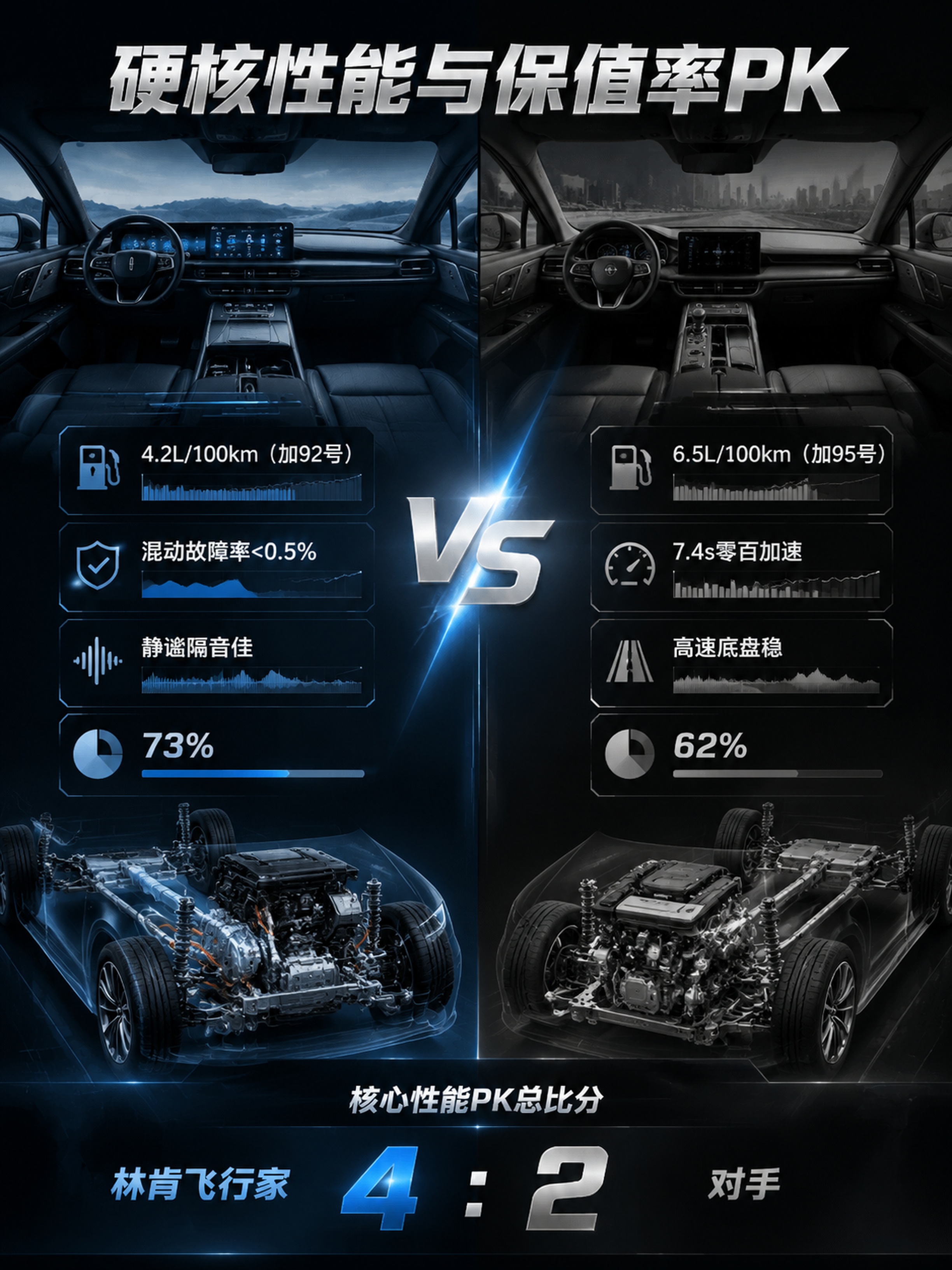现代硬核科技感汽车对决海报，左右对比排版，左侧展示林肯飞行家内… - 图片创意预览