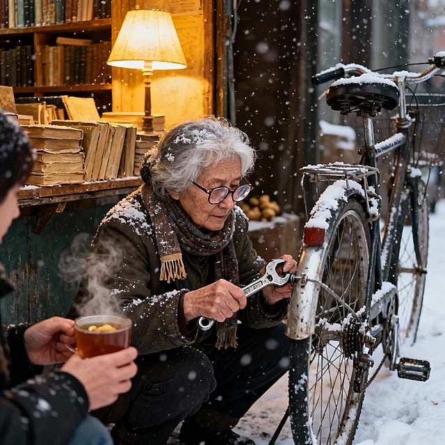 标题页
标题：雪落时的暖光
副标题：冬日里的一次意外相遇
配图提示：飘着细雪的老巷，昏黄路灯晕开暖光
第 1 页：巷口的困境
晚课后的老巷浸在雪雾里，我攥着冻僵的手机 —— 电量彻底清零，自行车还爆了胎。寒风裹着雪粒往领口钻，我蹲在车旁，指尖连解围巾的力气都快没了。
第 2 页：旧书摊的光斑
“要帮忙吗？”
抬眼时，巷口旧书摊的马扎上，坐着裹藏青色围巾的奶奶，手里攥着暖手宝，摊前的台灯把雪粒照得像碎钻。她指了指摊后的热水壶：“先暖暖，我孙子以前总在这修自行车，工具还留着。”
第 3 页：雪地里的修补
奶奶蹲在车旁，老花镜滑到鼻尖，皲裂的手攥着扳手拧螺丝。我捧着热姜茶，看见她围巾角沾了雪，发梢也落了白 —— 原来她的书摊早该收了，却在等晚归的学生避雪。
第 4 页：相遇的余温
车修好时，雪停了。奶奶塞给我一本裹着牛皮纸的旧诗集：“这巷子里的雪，每年都等有人陪它落完。”
后来每个雪天，我都会绕到老巷，要么带杯热奶茶，要么只是蹲在书摊旁，看奶奶把台灯拧得更亮些。