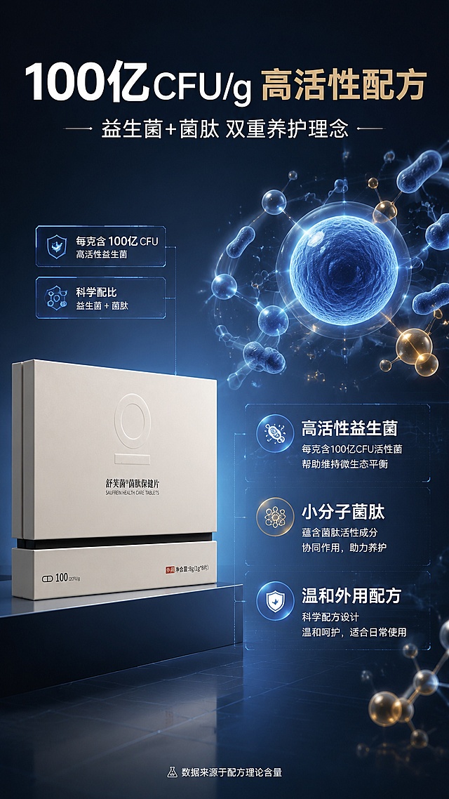 [第3屏] 详情页核心成分解析-100亿CFU益生菌与菌肽配方。本屏使用【图1】作为产品主体（左侧展示）。
[氛围/风格] 科技医学风，专业严谨，成分可视化。
[元素布局] 产品包装盒置于左侧，占比约35%；右侧为成分解析区，用3D立体益生菌球体分子结构示意图展示活性菌概念，周围环绕菌肽成分粒子；背景为深灰蓝渐变，带有微弱的科技网格纹理；画面点缀发光的分子链和数据浮窗。
[光影质感] 侧上方冷调主光，成分粒子自带微光效果，科技感光影层次丰富。
[配色色系] 全局底色 #2C3542 深灰蓝渐变；主色白色文字；辅助色科技蓝 #4A90D9、暖金 #D4AF77。
[视角构图] 左物右文构图，阅读动线顶部标题 → 左侧产品 → 右侧成分图解。
[文字版式] 顶部大标题「100亿CFU/g 高活性配方」；副标题「益生菌+菌肽 双重养护理念」；右侧成分区三个信息点：「高活性益生菌」「小分子菌肽」「温和外用配方」，每个配图标和简短说明；底部标注「数据来源于配方理论含量」。
[比例分辨率] 9:16 竖版比例，4K分辨率，文字清晰可辨。
[负向提示词] 医疗功效承诺，绝对化用语，产品变形，水印，文字错乱，成分图夸张。