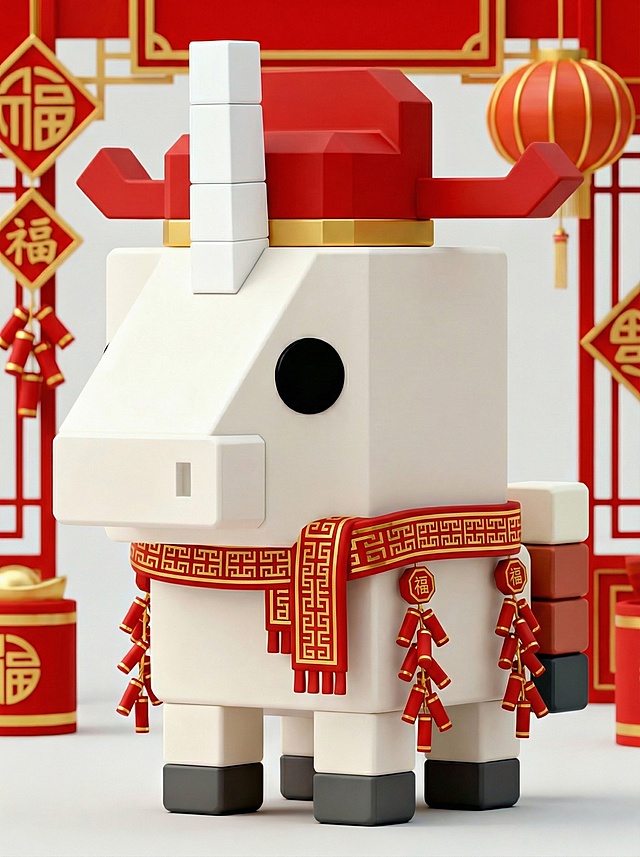 软3D风卡通马，几何造型融合国潮元素，红金配色喜庆十足，搭配灯笼与福字，营造浓厚春节氛围。