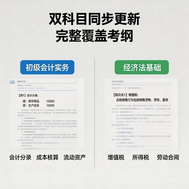 [主图主题] 双科目覆盖展示主图
[氛围/风格] 清晰分类，专业全面
[画面元素] 左右分栏对称排版，左侧展示初级会计实务资料内页，右侧展示经济法基础资料内页，两部分之间用细灰线分隔，背景为纯净浅灰，预览效果