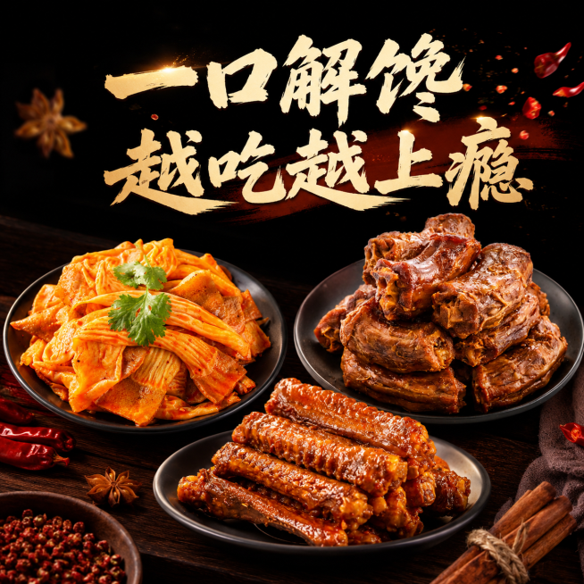 将三种食品组合推广，每种食品放在自己的盘子上，高对比深色背景，突出产品，文案写"一口解馋 越吃越上瘾"预览效果