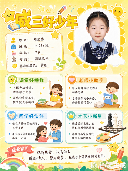 将图片标题'学习小标兵'修改为'威三好少年'，其他文字和所有排版、元素、图片内容保持不变，保留原可爱卡通黄色风格预览效果