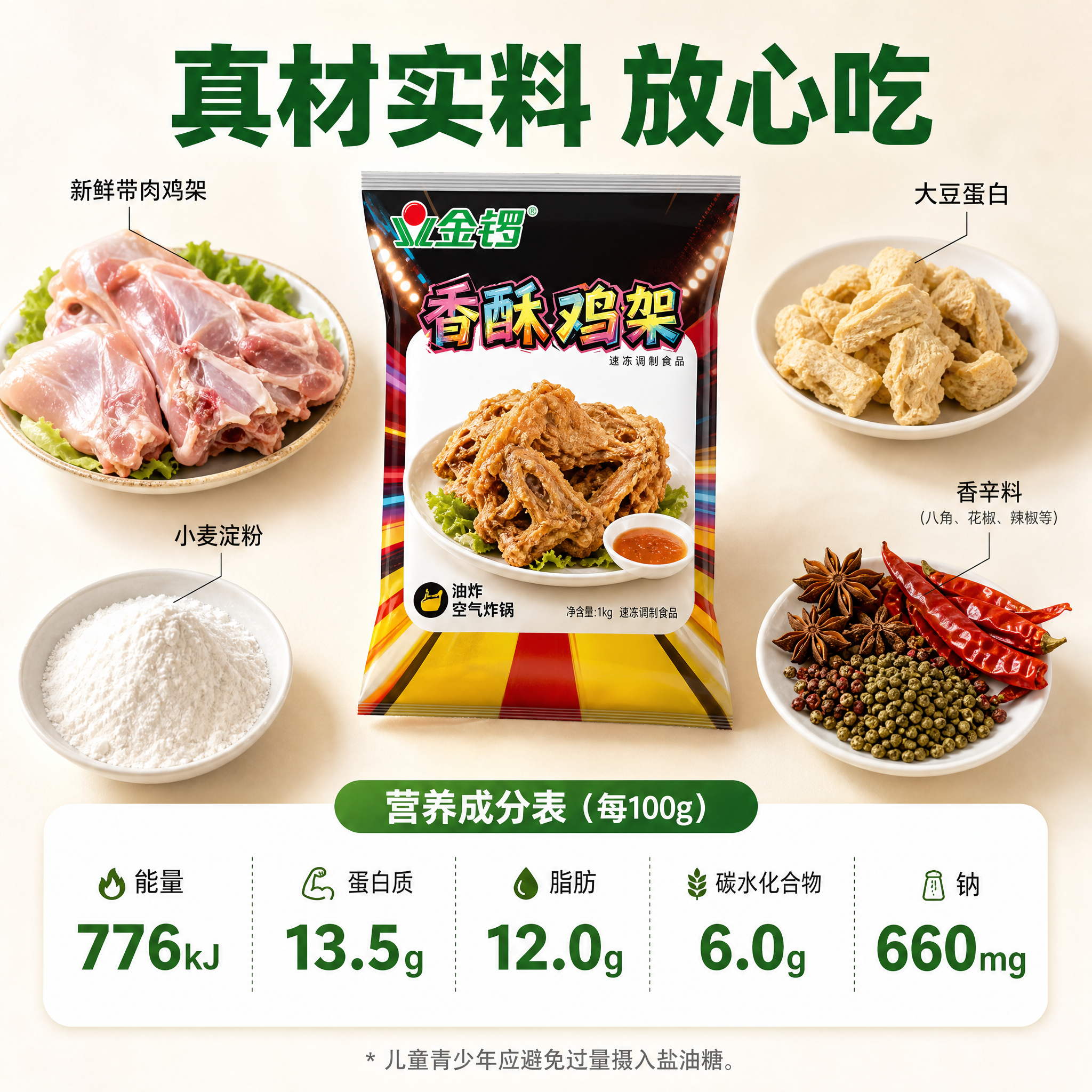 [主图-6] 配料与营养成分图，展示香酥鸡架的原料品质与营养信… - 图片创意预览