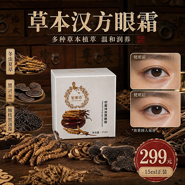 小红书风格1:1方形中药草本眼霜主图，整体为复古中药铺药柜风格，暖棕木质色调，营造传统汉方草本养护氛围。画面中心偏左位置放置妃蜜诗虫草眼霜白色方盒产品，产品正面朝向观众，金色花纹logo和虫草图案清晰可见，产品外观与输入图完全一致，占画面约35%。产品周围散落摆放多种晒干的草本中药原料，包括深褐色冬虫夏草、黑灵芝切片、深褐色干草药、干枯草本植物，部分草本呈偏黑的晒干中药质感，自然散落在古朴木质台面上，营造成分真实感。画面右侧为使用前后眼部对比区域，采用上下两个圆角小图框展示，上方标注使用前，下方标注使用后，为眼部肌肤状态对比示意图，同角度同光线，自然真实不夸张，下方小字标注效果因人而异。画面顶部居中位置用复古宋体大字写主标题：草本汉方眼霜，主标题下方用稍小字写副文案：多种草本植萃 温和润养。画面左侧竖向排列3个草本成分标签，每个标签为古朴药签样式，分别写有：冬虫夏草、黑灵芝、细枝黑顶藻，标签旁配有对应干草本小图。画面右下角用醒目古朴印章样式标注价格：299元，价格旁小字标注：15ml正装。背景为复古中药柜抽屉纹理，暖棕色木质质感，光线柔和自然，整体呈现小红书种草笔记封面的原生感与高级感，文字清晰可读，产品完整不被遮挡。商业摄影质感，柔光打光，木质纹理清晰，草本细节真实。