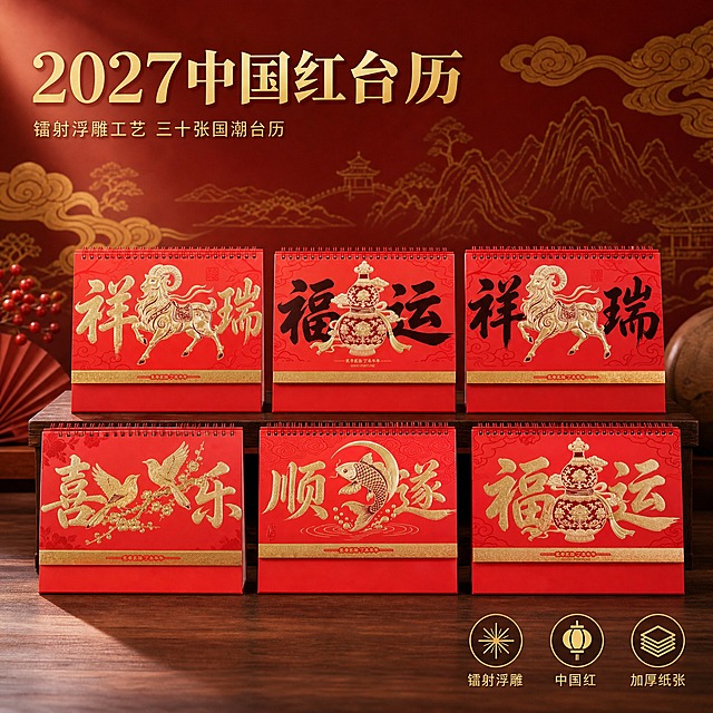 淘宝主图，1:1正方形，2048x2048px，2K高清。画面展示6款2027年中国红镭射浮雕工艺台历组合陈列，6款台历分两排整齐摆放在新中式书桌面上，每款台历严格保持原图封面和整体完全不变，不得有任何变形、拉伸、图案改动或文字错误，产品本身100%保留原样。第一排从左到右：祥瑞金羊款（金字金腰带）、福运葫芦款（黑字）、祥瑞金羊款（黑字）；第二排从左到右：喜乐喜鹊款、顺遂锦鲤款、福运葫芦款（异形边金字）。右下角的福运葫芦异形边款必须与其他款保持相同的台历形状和比例，葫芦图案和文字严格与原图一致，不得变形走样。背景为新中式国潮喜庆场景：深红色渐变背景搭配金色祥云纹理和淡金色山水线条，营造新年喜庆高级氛围；桌面为深胡桃木质感，台历底部有自然柔和的接触阴影，不悬浮。画面左上角留白处放置主标题文字「2027中国红台历」，字体为大气书法宋体，金色描边，字号醒目；下方小字副文案「镭射浮雕工艺 三十张国潮台历」，字体为细黑体，金色。右下角放置3个轻量卖点图标+短句：镭射浮雕、中国红、加厚纸张。整体风格高级喜庆，国潮质感，商业摄影级光影，主光从左上方斜射，镭射浮雕部分有细腻金属高光，红金配色饱满有质感，景深自然，背景适度虚化突出主体。文字清晰可读，不遮挡台历主体。严格禁止：产品变形、产品封面改动、产品拉伸、产品比例变化、产品文字错误、葫芦图案变形。禁止水印、平台Logo、杂乱元素、产品悬浮、颜色偏差。