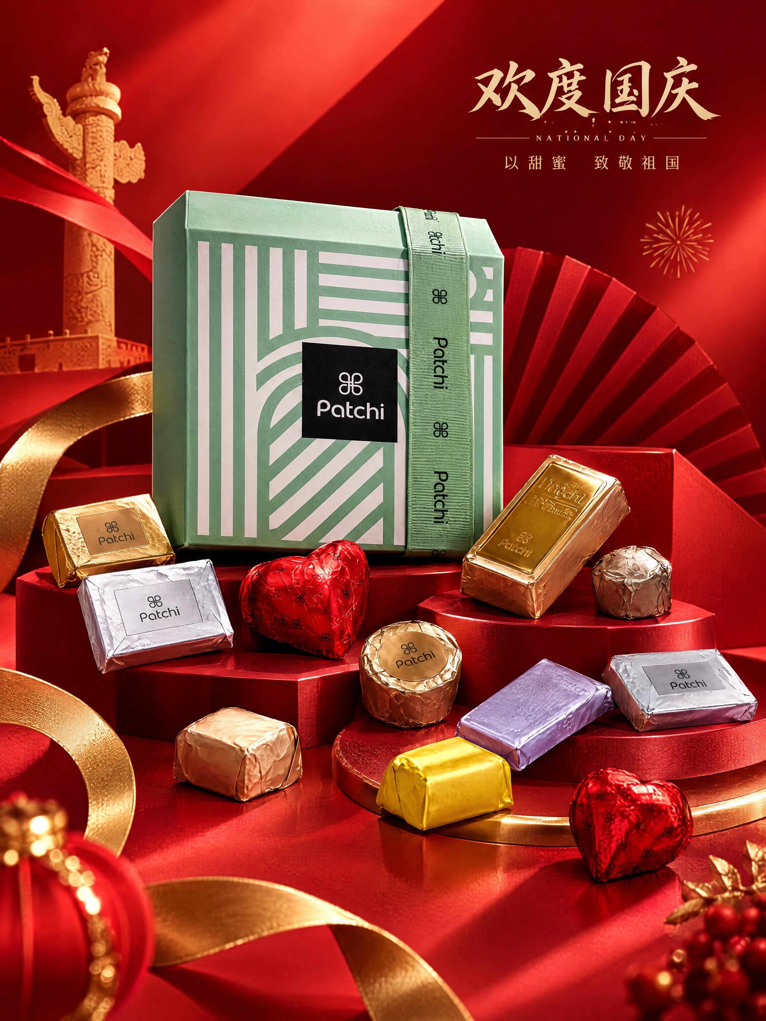 高端商业产品摄影海报，主体是Patchi巧克力礼盒与多款巧克力… - 图片创意预览