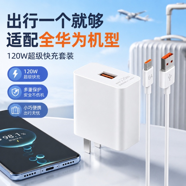 淘宝1:1电商主图，商品是120W手机充电器，突出卖点“出行一个就够适配全华为机型”，展示充电器和快充线的整体套装，场景化简约背景，卖点文字醒目，适合电商平台主图展示预览效果