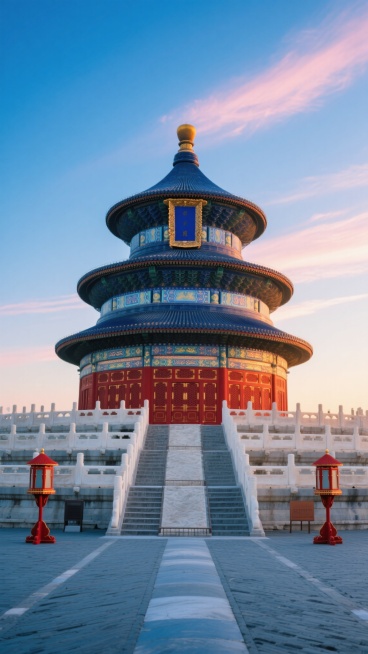 黎明时分，从祈年殿后方台阶仰望的低角度构图，中国传统古建筑祈年殿，三层蓝色琉璃瓦圆形攒尖顶，金色宝顶，红色宫墙与朱漆大门，檐角装饰精美斗拱与彩画，白色汉白玉栏杆环绕基座，前景为红色宫灯，天空呈现渐变的靛蓝色与鱼肚白，点缀几缕淡粉色朝霞，晨光柔和地洒在建筑上形成温暖高光，地面青灰色石砖纹理清晰，整体呈现写实摄影风格，色彩浓郁且和谐，光影层次分明，营造庄重而静谧的氛围。预览效果