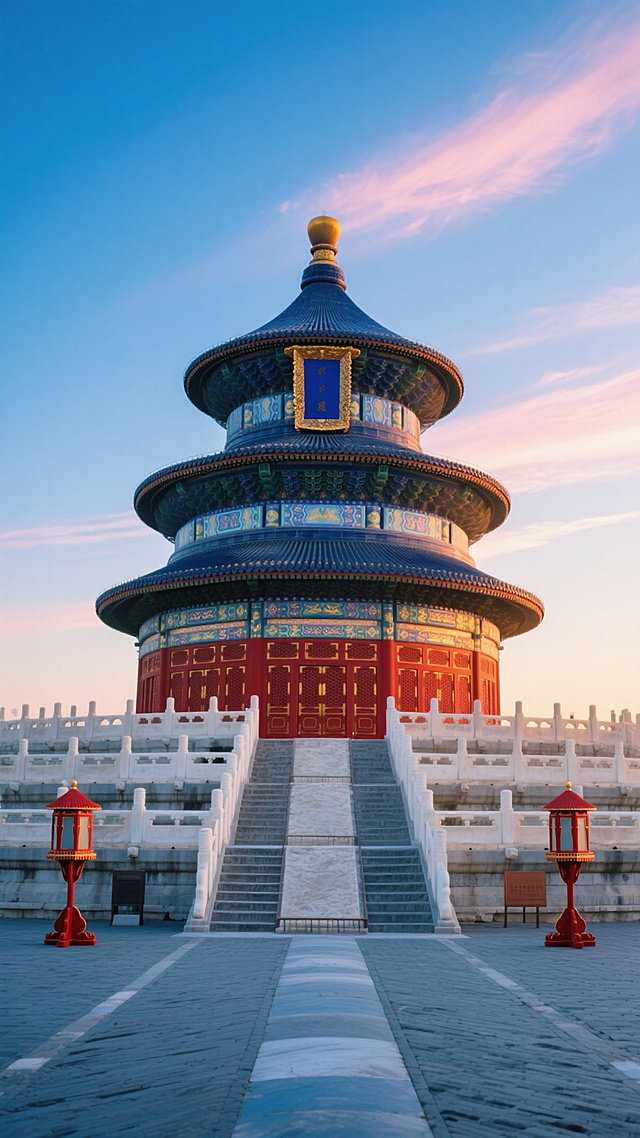 黎明时分，从祈年殿后方台阶仰望的低角度构图，中国传统古建筑祈年殿，三层蓝色琉璃瓦圆形攒尖顶，金色宝顶，红色宫墙与朱漆大门，檐角装饰精美斗拱与彩画，白色汉白玉栏杆环绕基座，前景为红色宫灯，天空呈现渐变的靛蓝色与鱼肚白，点缀几缕淡粉色朝霞，晨光柔和地洒在建筑上形成温暖高光，地面青灰色石砖纹理清晰，整体呈现写实摄影风格，色彩浓郁且和谐，光影层次分明，营造庄重而静谧的氛围。