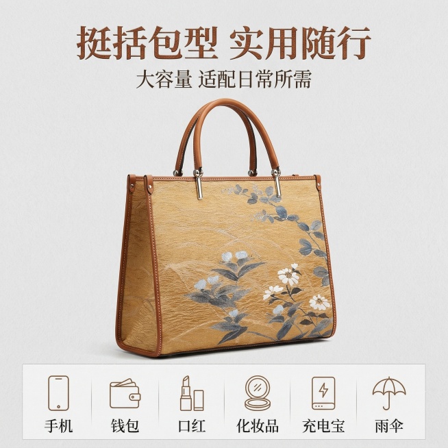 电商主图设计，1:1比例，高清8K分辨率，商业级摄影风格，严格还原上传产品图包型结构，展示托特包的挺括质感与容量适配性。整体风格为东方新中式轻奢杂志风，中文文字使用精致衬线字体，产品斜侧展示，呈现包身预览效果