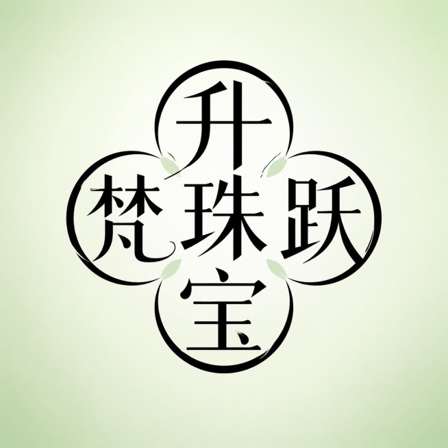 五个字"升跃梵珠宝"，整体字形围绕中心组合成四叶草外框，创意logo化构图，淡绿色清新渐变背景，黑色文字，完美呼应四叶草系列主题，时尚年轻化设计。仅包含五个字："升"、"跃"、"梵"、"珠"、"宝"，预览效果