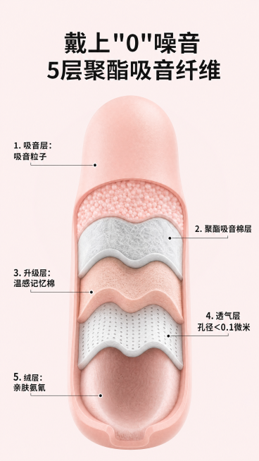 [第3屏] 多层结构材质解析，粉色慢回弹降噪耳塞。本屏使用【图1】作为商品主体，参考【图2】的剖面结构排版。
[氛围/风格] 专业解析清晰直观，浅粉色搭配浅灰调，干净科技感。
[元素布局] 中心展示耳预览效果