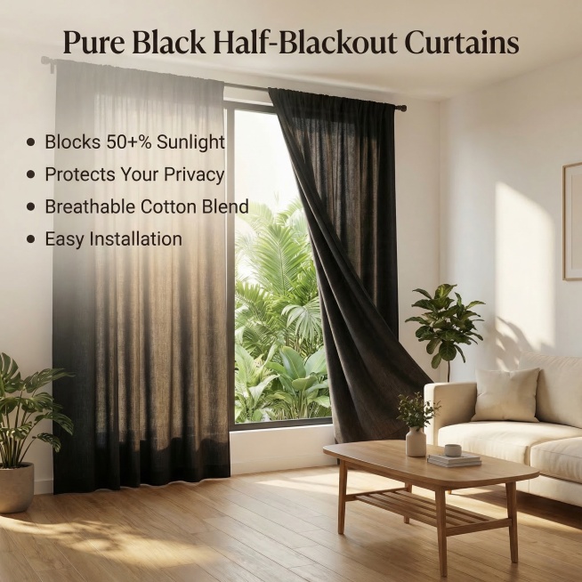 Pure black half-blackout curtains installed in a modern Filipino apartment living room, warm natural预览效果