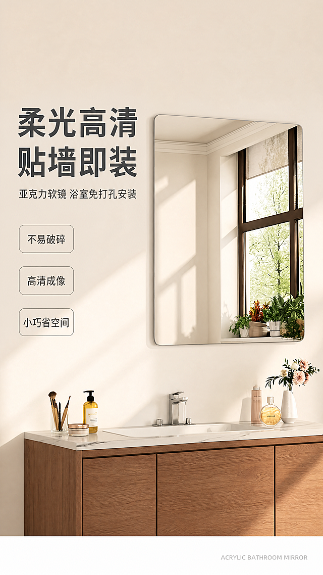 [第1屏] 详情页头图，亚克力软镜子浴室镜卫浴空间主视觉海报。
[氛围/风格] 现代简约温馨卫浴风，自然柔和光影，商业摄影质感，画面干净通透，营造整洁舒适的卫浴氛围。
[元素布局] 本屏使用【图1】作为商品主体，亚克力软镜子保持原图中的长方形圆角无框设计、浅银外观和通透质感不变，产品主体位于画面右侧中部区域，占据约65%画面比例。背景为浅米色硅藻泥墙面，保留洗手台大理石台面和下方木质柜底，右侧加入白色花瓶花艺装饰，左侧预留充足区域放置文案，背景层次清晰整洁，不抢夺产品注意力。整体保持产品物理结构、比例轮廓与输入商品图一致。
[光影质感] 左侧45度斜射柔和自然主光，照亮镜子表面和墙面，右侧墙面形成浅淡自然阴影，产品边缘清晰，光影过渡自然，明暗层次柔和。
[配色色系] 全局底色：#F5F0E6（浅米暖调）；主体配色：透明浅银镜面+浅米色墙面+暖棕色柜体；辅助色：白色花艺瓶+浅灰色台面，整体配色干净温馨，符合现代卫浴风格。
[视角构图] 正视角平视构图，产品主体偏右放置，左侧预留文字区，视觉动线从上到下，符合移动端竖屏浏览习惯。
[文字版式] 版式为左文右图：左侧从上到下依次为主标题、副标题、三个卖点图标。主标题“柔光高清 贴墙即装”，深灰色粗体字，8-10字，占左侧上方约三分之一区域，字号大清晰醒目；副标题“亚克力软镜 浴室免打孔安装”，深灰色常规字，8-16字，位于主标题下方，字号约为主标题二分之一；再往下排列三个竖向卖点：“不易破碎”“高清成像”“小巧省空间”，每个卖点配简约圆角浅灰色框，文字竖向排列，不遮挡主体产品；右下角添加小号浅灰色英文“ACRYLIC BATHROOM MIRROR”作为装饰角标。
[比例分辨率] 9:16竖版比例，4K分辨率，文字清晰可辨，符合淘宝天猫平台要求。
[负向提示词] 镜子变形，缺角，结构错误，颜色偏差，文字错乱，文字太小模糊不清，水印，背景杂乱，违规极限词。