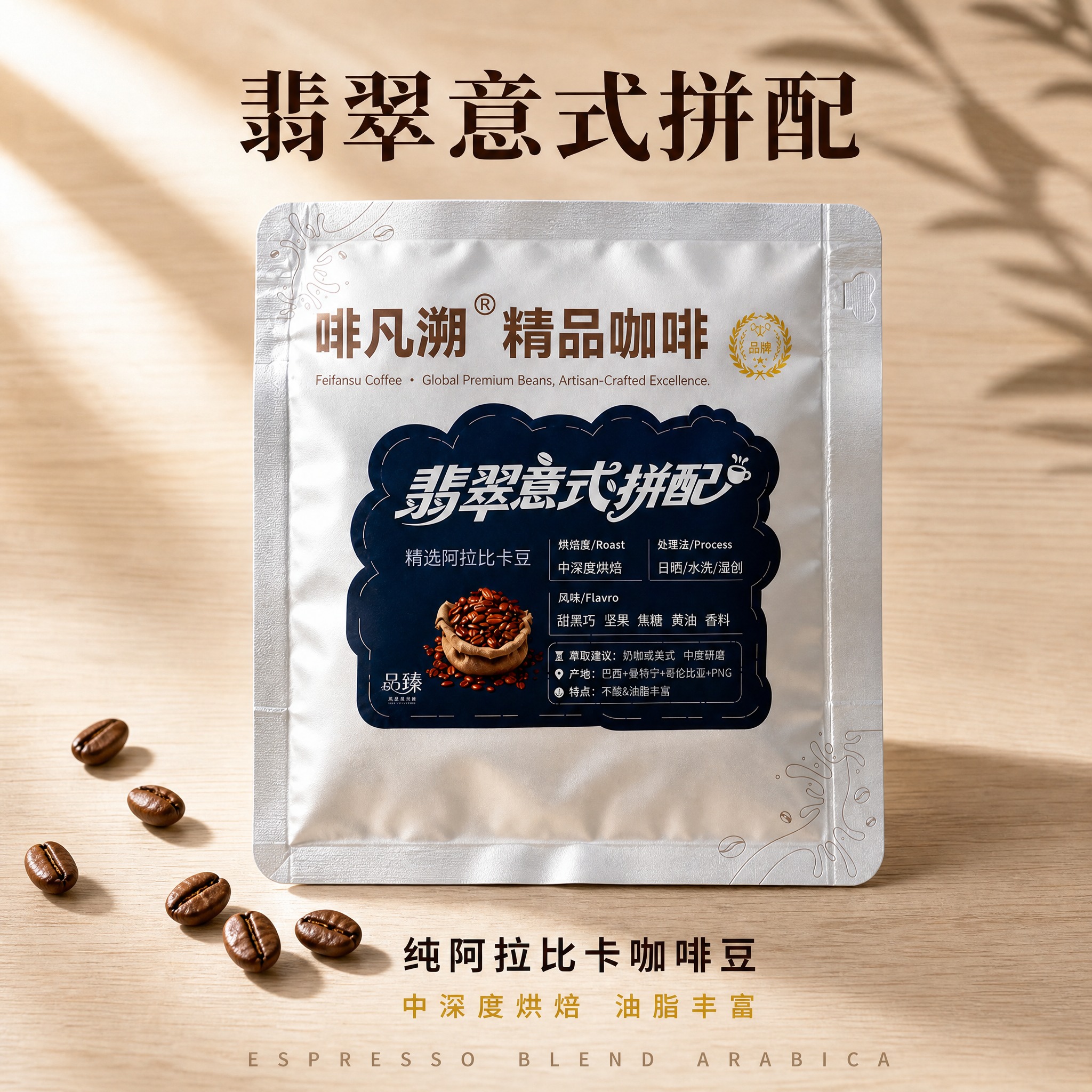 [主图-1] 产品首图，展示翡翠意式拼配咖啡豆铝箔包装袋主体与… - 图片创意预览