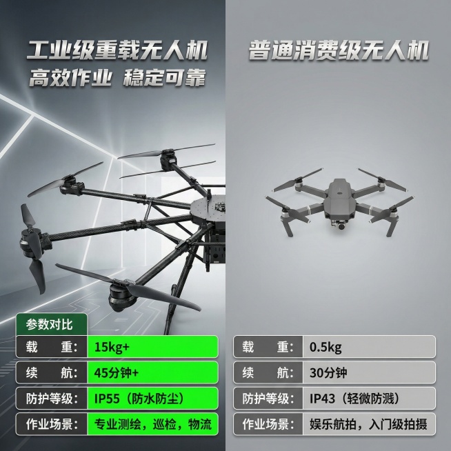 工业级八旋翼无人机与普通消费级无人机参数对比图，左右分栏布局，左侧是本款工业无人机，右侧是普通消费级无人机，表格对比载重、续航、防护等级、作业场景四项参数，本款参数用绿色高亮标注，清晰体现优势，背景简预览效果