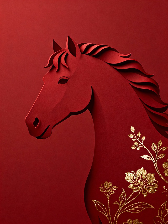 极简风格，主体为纯扁平马头外轮廓剪影，只有马鬃立体起伏，整个画面包括背景都是暗红色（只有身上绘制少量细腻的烫金花）