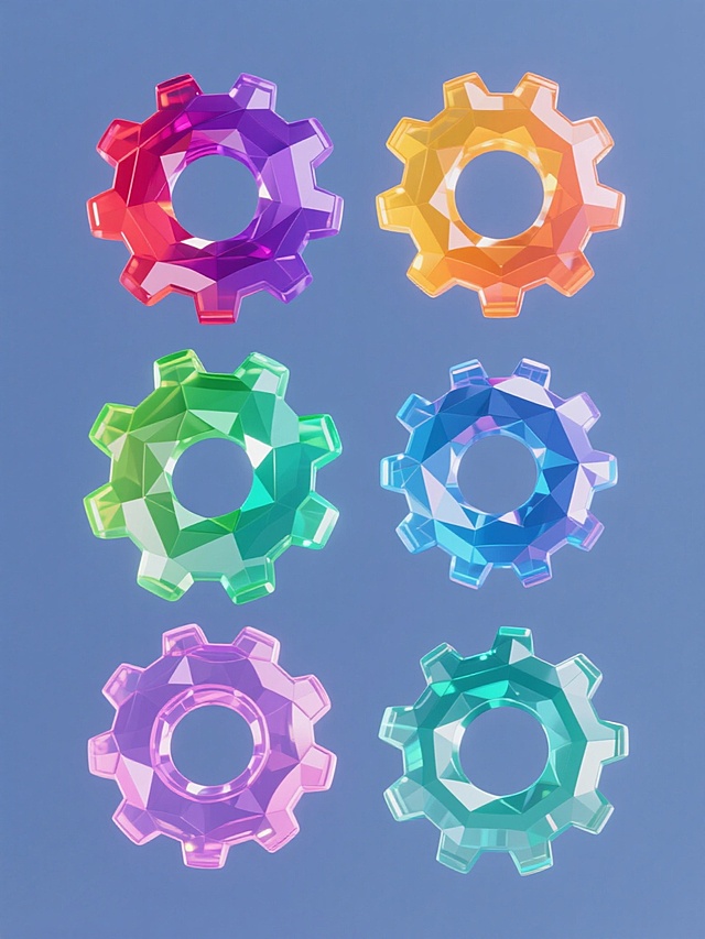 六个不同配色、不同造型的3D透明水晶质感齿轮素材集合，保持每个齿轮的立体多面体切割结构、高光反光效果和通透感，分别采用红紫渐变、橙黄渐变、翠绿渐变、靛蓝渐变、粉紫渐变、青绿渐变配色，规整对称排布在纯色背景上，整体呈现科技感与几何美感的设计风格。