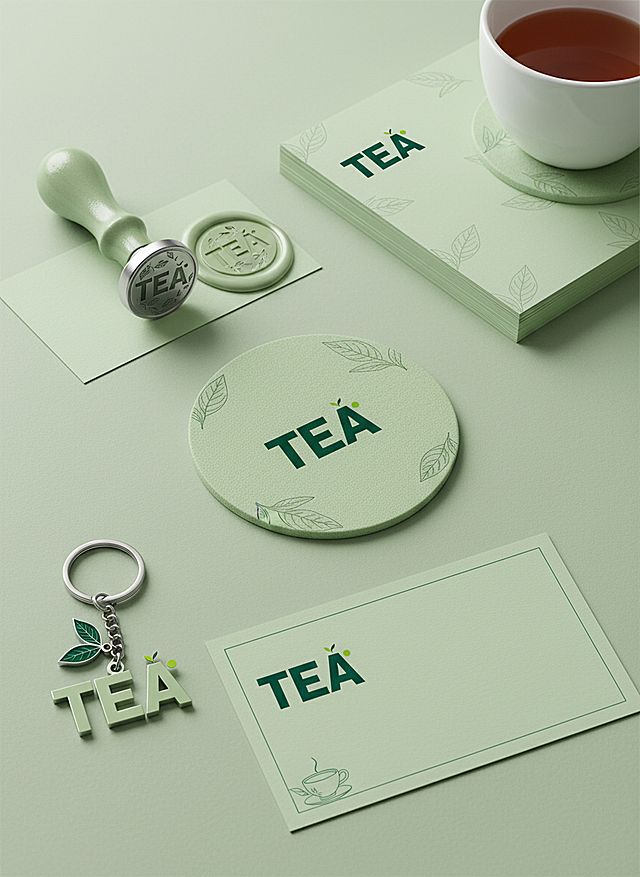 参考这个LOGO，做一套文创品牌视觉设计，品牌名称为“Tea"，包括火漆章，便签纸砖，杯垫，钥匙扣，纸卡等。浅绿色视觉主色调，现代、精致、亲切现代风格