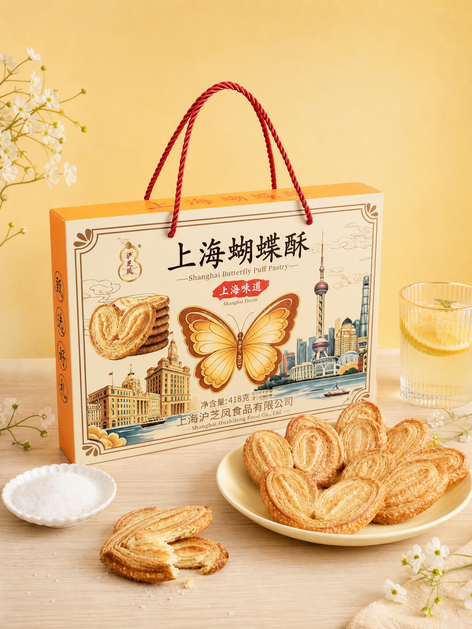 高端食品电商商业摄影，上海蝴蝶酥礼盒，3:4竖版比例。 【产品… - 图片创意预览