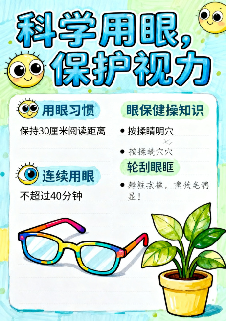 爱眼护眼主题手抄报，A4竖版尺寸，马克笔手绘风格，标题"科学用眼，保护视力"，包含用眼习惯、眼保健操知识板块，添加眼睛、眼镜、绿植卡通装饰图案，明亮清新配色，排版整齐适合学生预览效果