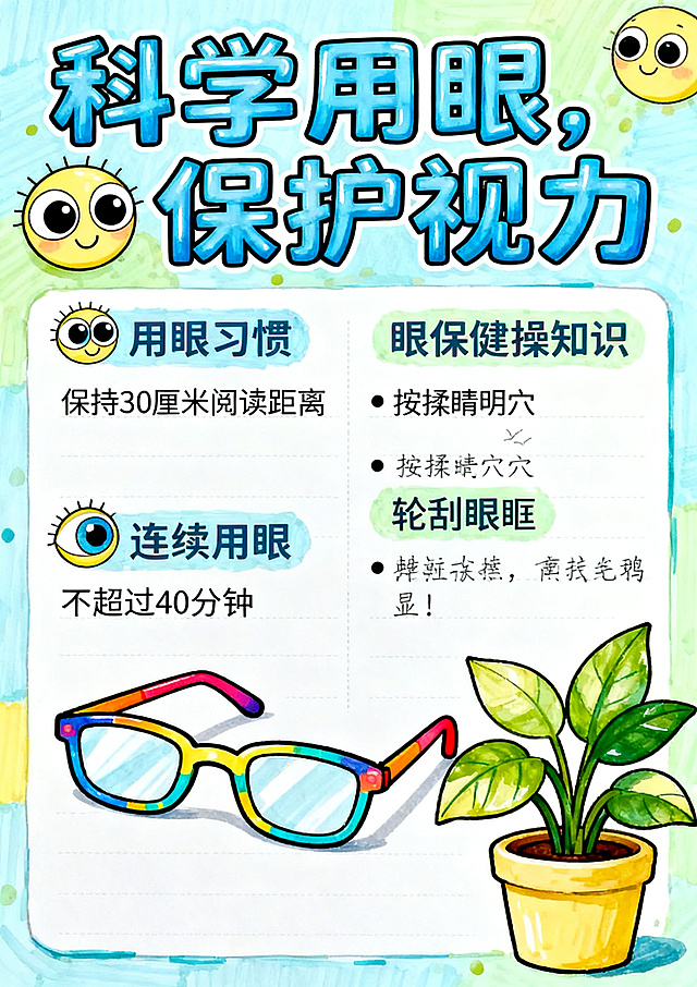 爱眼护眼主题手抄报，A4竖版尺寸，马克笔手绘风格，标题"科学用眼，保护视力"，包含用眼习惯、眼保健操知识板块，添加眼睛、眼镜、绿植卡通装饰图案，明亮清新配色，排版整齐适合学生