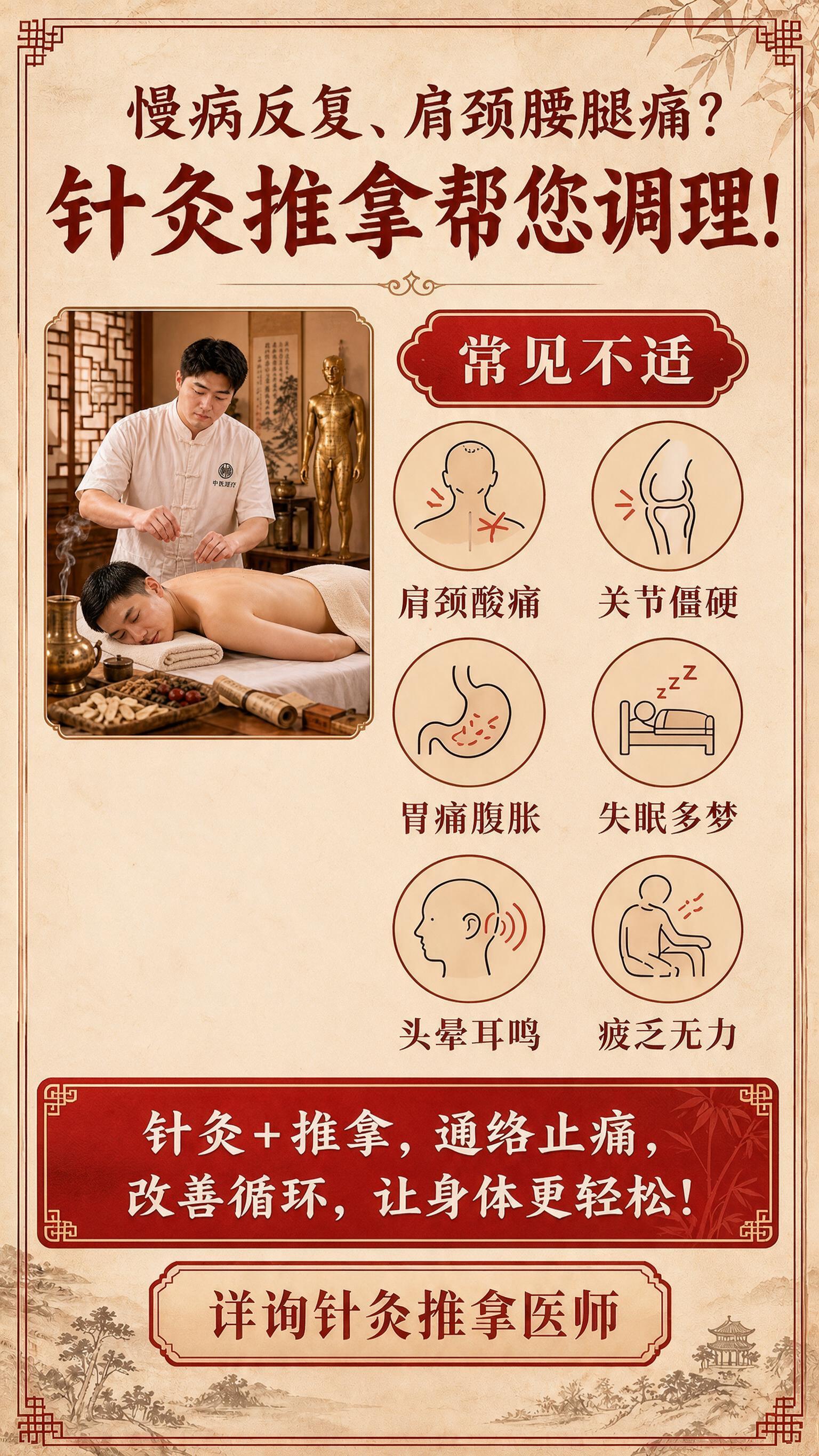 基于参考图修改，做以下两处调整： 1. **缩小针灸场景图**… - 图片创意预览