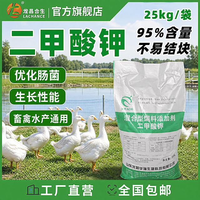 二甲酸钾混合型饲料添加剂产品图，背景为肉鹅养殖场户外场景，风格符合畜禽养殖，保留产品品牌和参数信息
