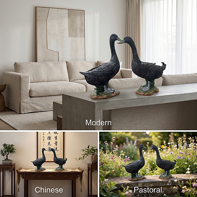 [Main Image 5] Black duck ornament multi-scene adaptation display picture for Amazon cross-border e-commerce. Keep the appearance (physical structure, material texture, color) of the black duck ornaments in the input picture absolutely consistent, eliminate any deformation and color difference, fine processing. Use picture-in-picture layout to display the product placement effects in different home styles: 1 large main picture displays the placement effect in the modern living room, 2 small pictures at the bottom respectively display the placement in Chinese style entrance and pastoral garden, mark the style name. [Atmosphere style] concise and versatile style display; [Picture quality] commercial photography texture, soft and transparent light, clear and real product, clean and advanced picture. [Lighting] unified soft light direction, consistent light and shadow levels in each sub-picture, natural transition. [Color matching] based on the natural color of each scene, black products coordinate with a variety of styles. [Layout] 1 large picture on the top, 2 small pictures on the bottom, picture-in-picture layout, each picture has clear margins, the overall is neat. [Text layout] each small picture is marked with corresponding style description: "Modern", "Chinese", "Pastoral", English text, the font is clear and does not block the product. [Proportion resolution] 1:1 proportion, 2K resolution; Text clear, super high definition. [Negative prompt] deformation, watermark, text disorder, blurred product image, messy background, Chinese characters, exaggerated propaganda words.